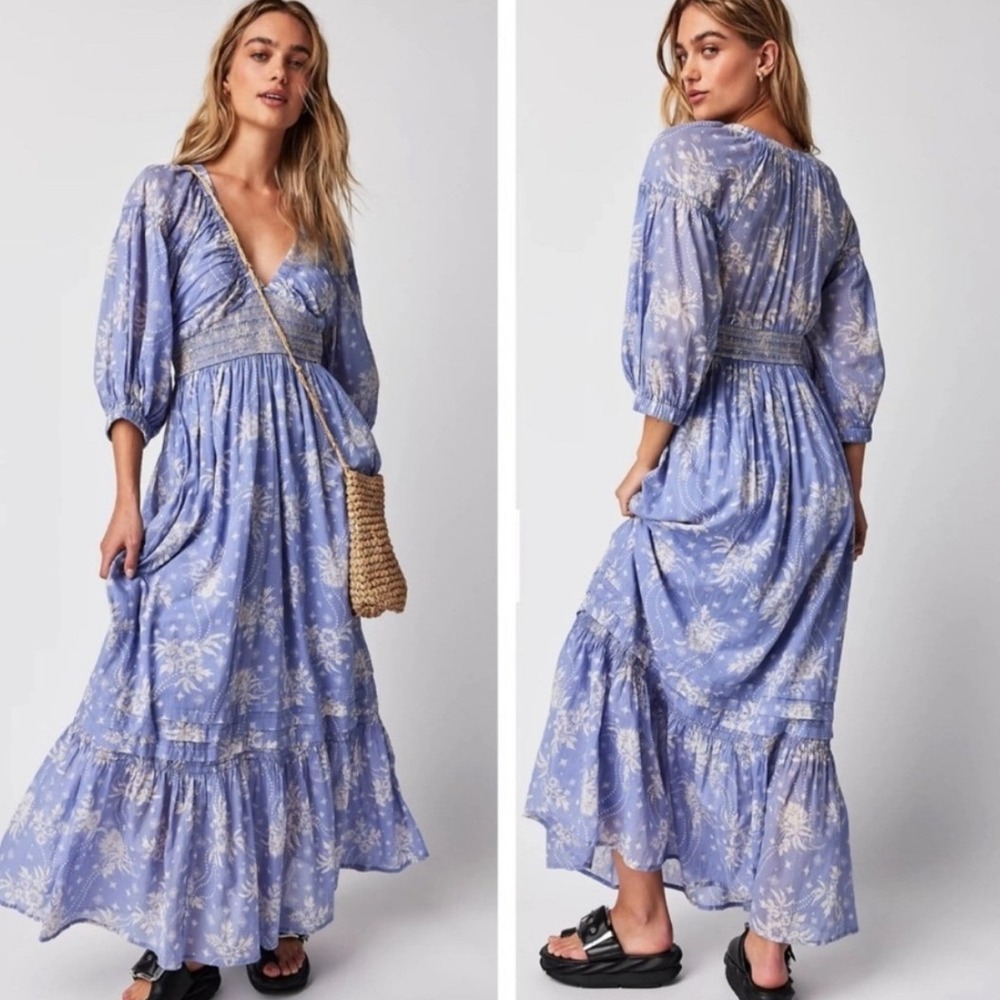 Free People Golden Hour Maxi Dress Women's Small Blue Floral Boho Smocked